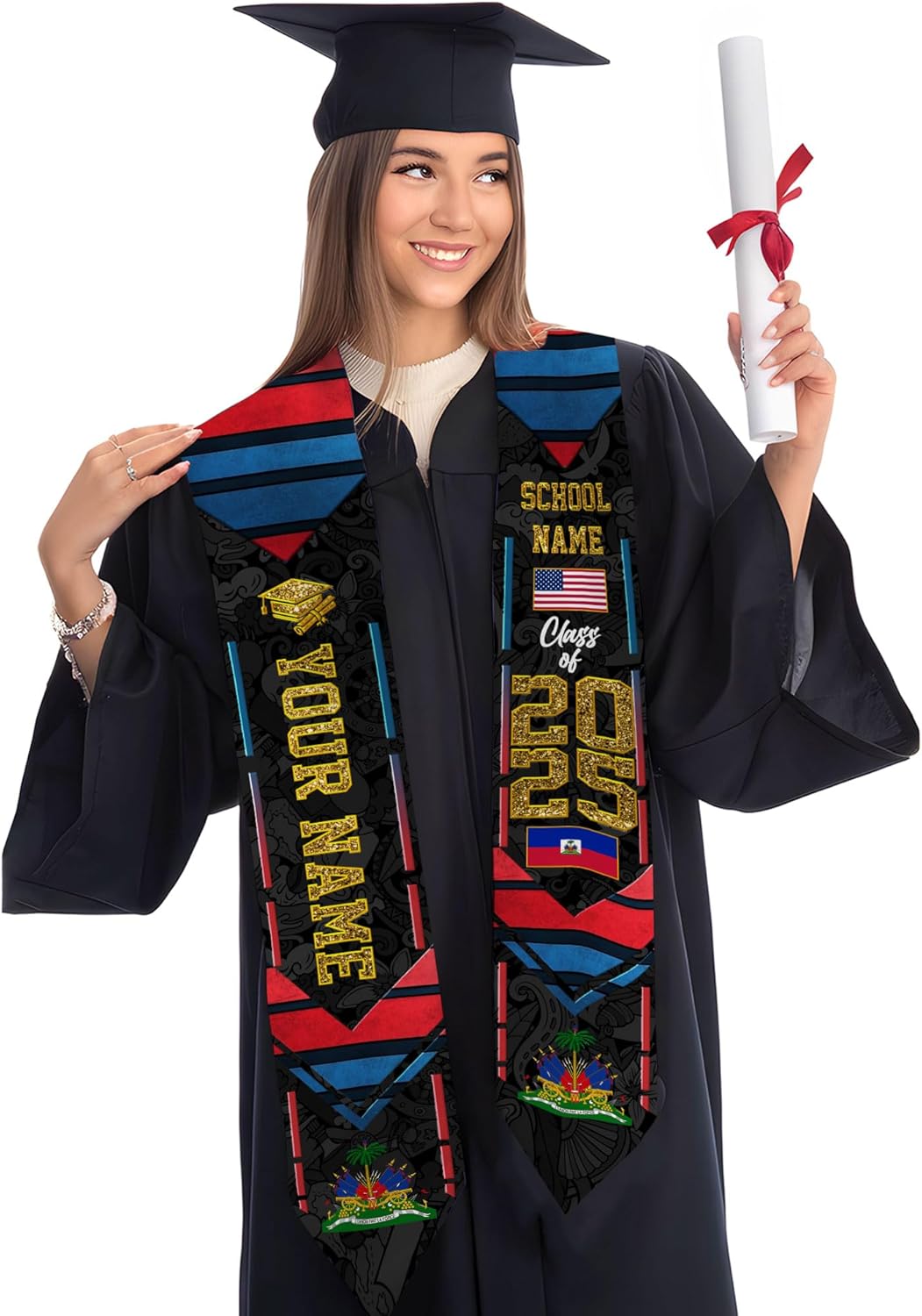 Pretyprints Haitians Graduation Sash, Haiti Graduation Stole Custom, Personalized Haitians American Flag Graduation Sash 2025