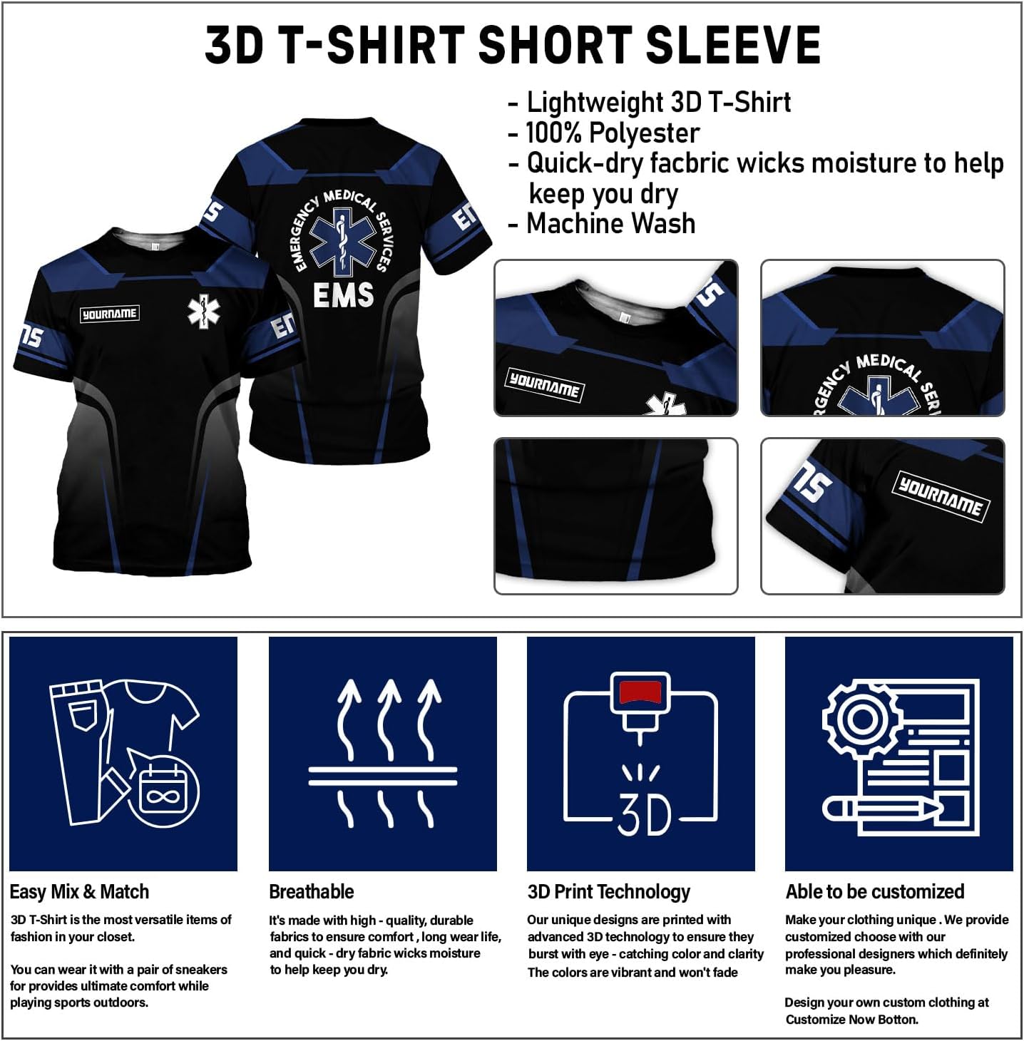Custom EMS EMT Shirts Men Women, Personalized Paramedic Uniform Emergency Medical Technician Apparel, EMS Week Gifts