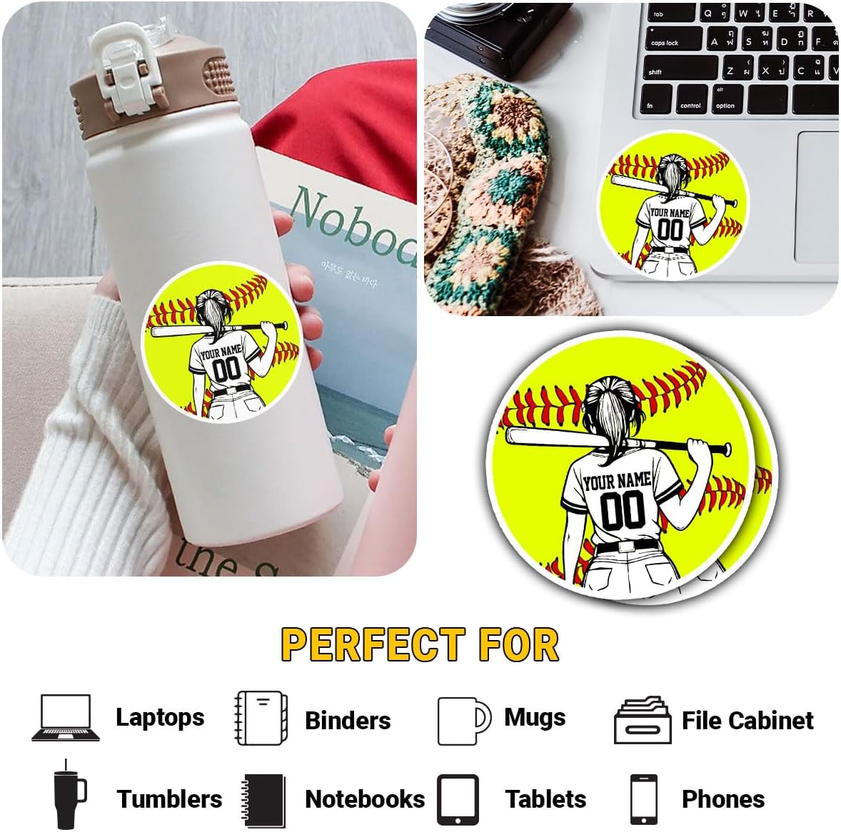 Personalized Softball Stickers for Helmets Custom Softball Sticker Gift Softball Helmet Stickers for Girls Boys Baseball Sport Player Softball Vinyl Decal Water Bottle Laptop Toolbox Phone Car (Sb5)