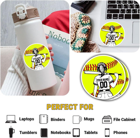Personalized Softball Stickers for Helmets Custom Softball Sticker Gift Softball Helmet Stickers for Girls Boys Baseball Sport Player Softball Vinyl Decal Water Bottle Laptop Toolbox Phone Car (Sb5)