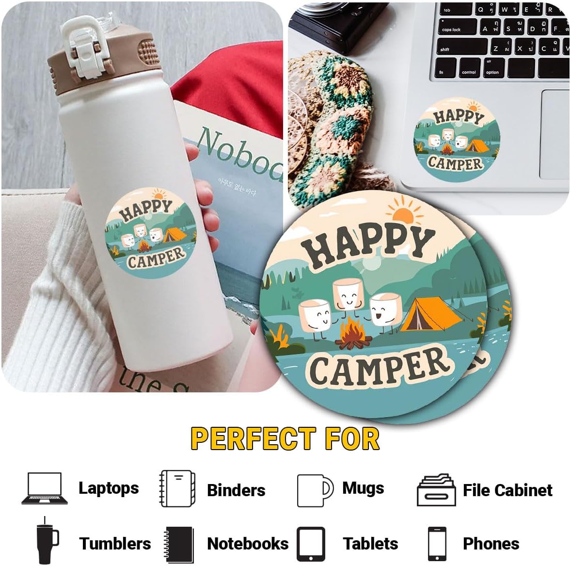 (3 Pcs) Happy Camper Marshmallows Sticker, Camping Stickers, Camp Stickers, Camping Decals for Laptop, Water Bottle, Tumbler, Phone Case, Hard Hat, Helmet, Gifts 3"x3"