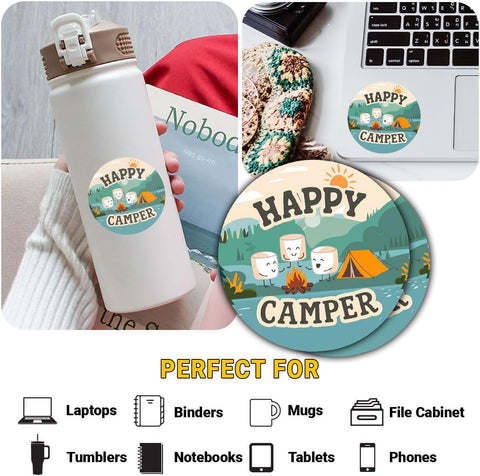 (3 Pcs) Happy Camper Marshmallows Sticker, Camping Stickers, Camp Stickers, Camping Decals for Laptop, Water Bottle, Tumbler, Phone Case, Hard Hat, Helmet, Gifts 3"x3"