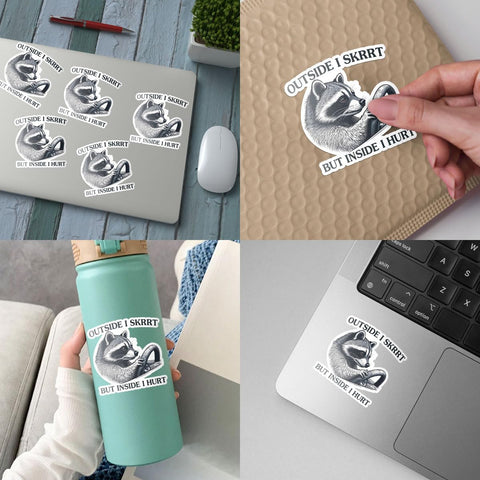 (3 Pcs) Outside I Skrrt But Inside I Hurt Raccoon Driving, Funny Raccoon Gifts Waterproof Vinyl Sticker Decal - Stickers for Laptop Water Bottle Phone Car Window Helmet Vinyl Stickers 3 Inches