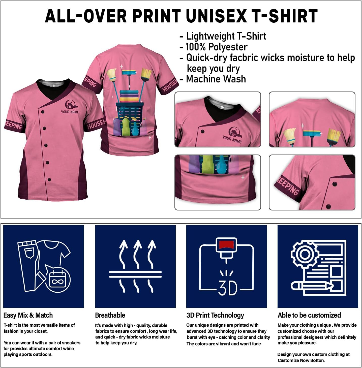 Personalized Housekeeping Shirts, Custom Cleaning Uniforms for Women 3D Cleaning Service Gifts Housekeeper Shirt Clean Lady