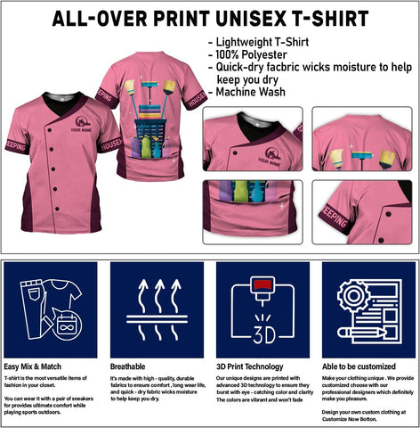 Personalized Housekeeping Shirts, Custom Cleaning Uniforms for Women 3D Cleaning Service Gifts Housekeeper Shirt Clean Lady