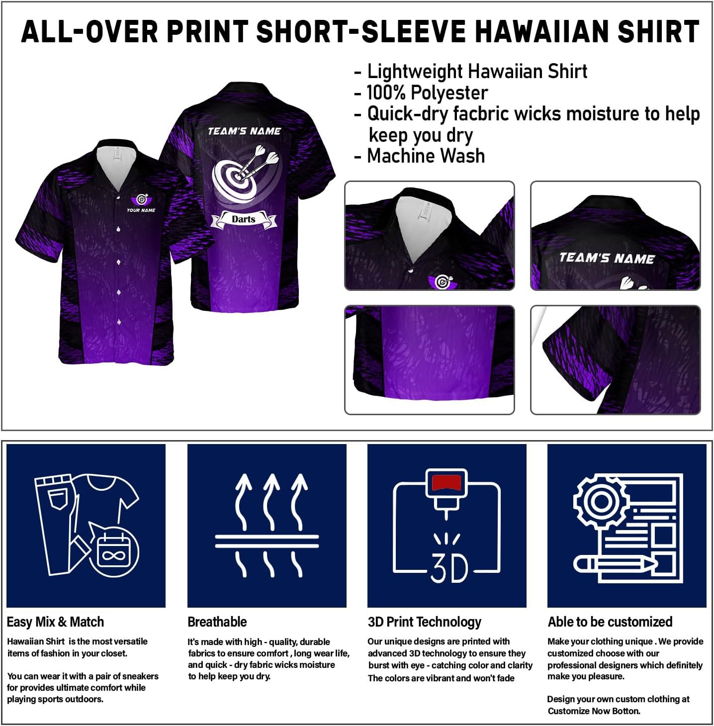 Generic Personalized Dart Hawai Shirt - Men's Unisex-Adults Hawaiian Dart Team League Hawaiian Shirt - Short Sleeve Button Down - Multi, Large
