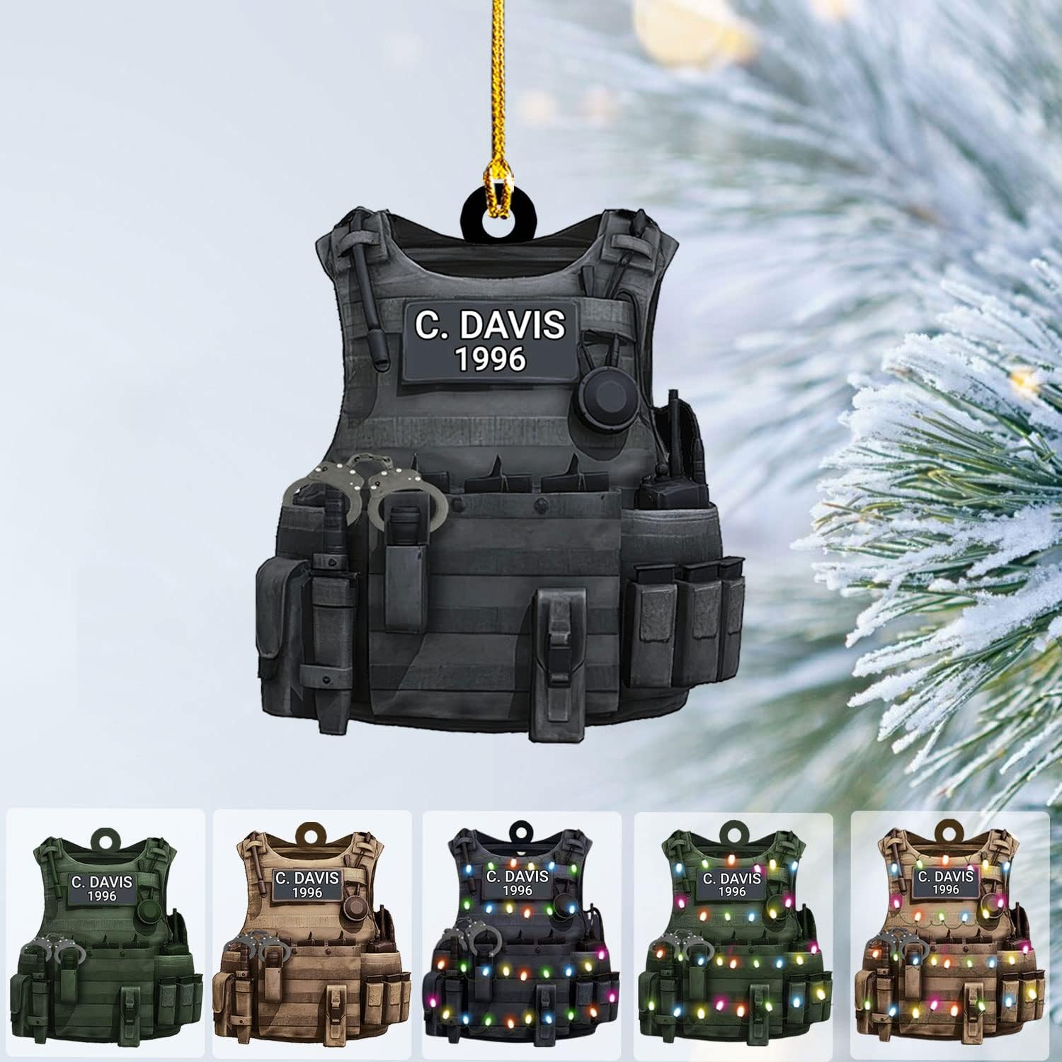 Parvii Personalized Name Police Ornaments Police Gifts Police Christmas Ornament Police Vest Bullet Proof Flat Hanging Printed Plastic Custom Police Ornament Decorations (Black Vest) (All Police Vest)