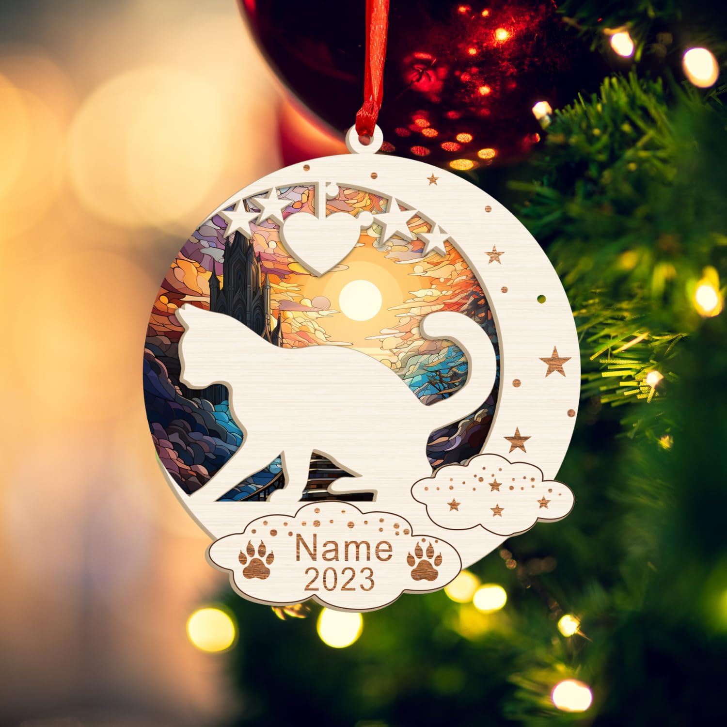 MAPrints Personalized Cat Christmas Ornaments, Cat First Christmas Suncatcher Wood Ornaments, Gifts for Cat Lovers, Cat Memorial Ornament, Forever Loved Cat Keepsake, Cat Loss Gifts (CAT 20)