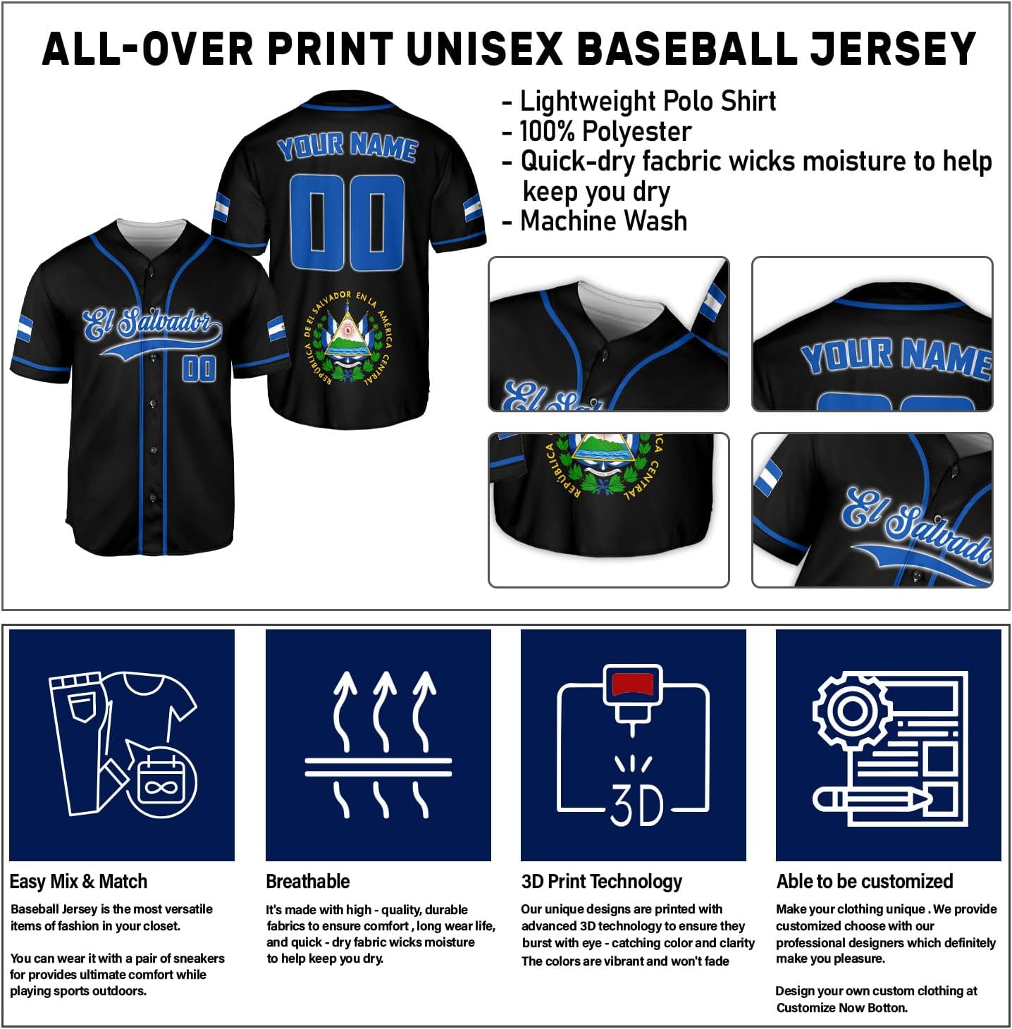 Personalized Name El Salvador Baseball Jersey Shirt El Salvador Flag Shirt Men Salvadorans Pride Jersey El Salvadoreña Tshirt