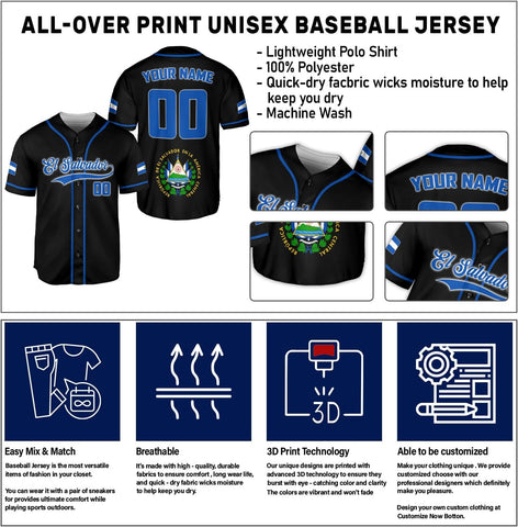 Personalized Name El Salvador Baseball Jersey Shirt El Salvador Flag Shirt Men Salvadorans Pride Jersey El Salvadoreña Tshirt