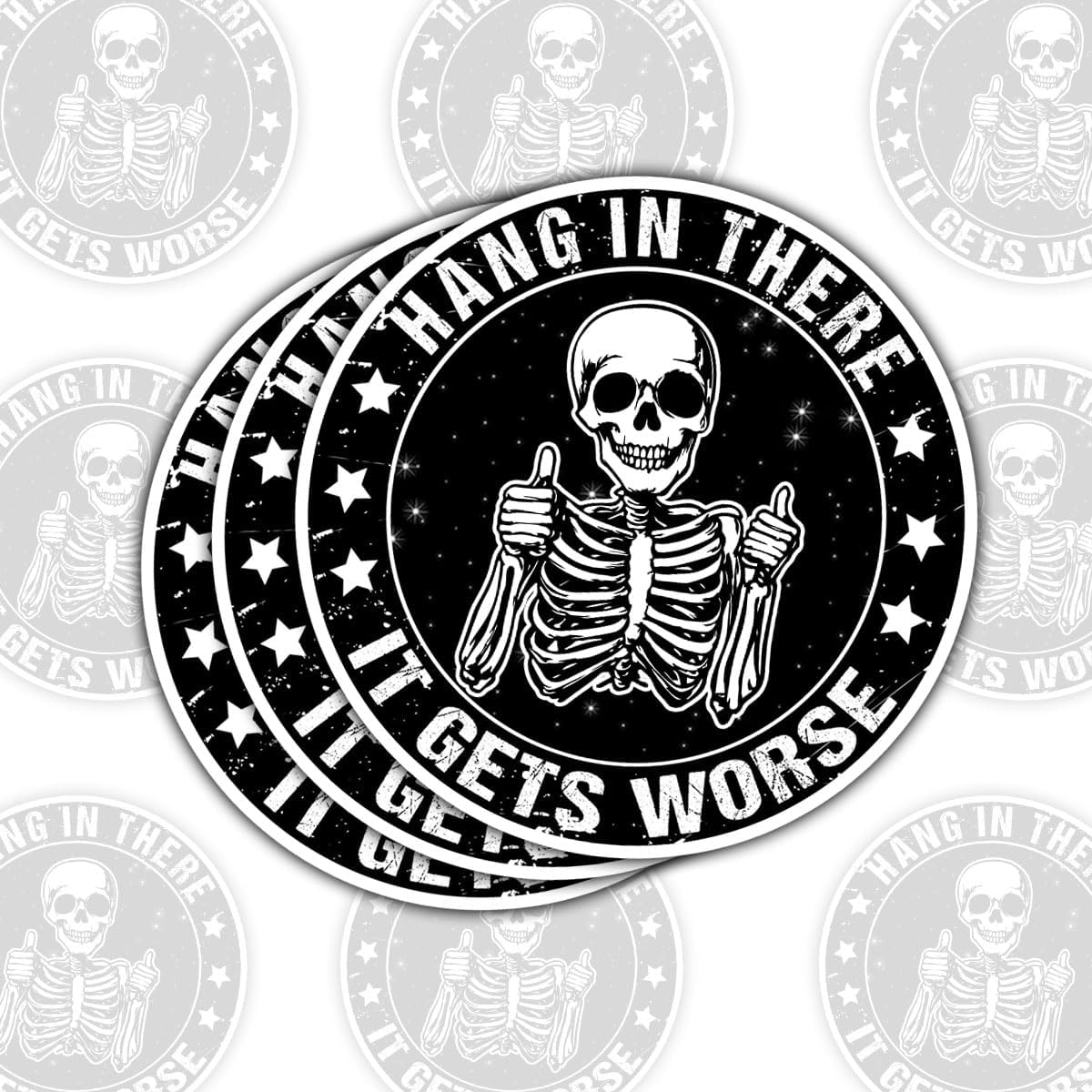 3 Pcs Hang in There It Gets Worse Sticker, Skeleton Funny Sarcastic Decal, Mental Health Stickers, Rainbow Sticker Water Assistant for Book Notebook Water Bottle Tumbler Phone Case Laptop 3"x3"