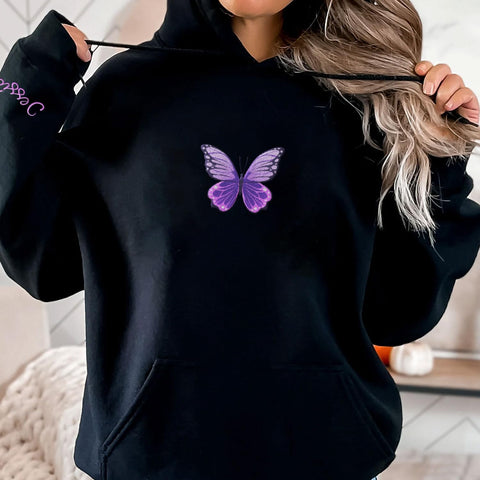 Podagree Personalized Butterfly Embroidered Sweatshirt, Custom Pink Butterfly Hoodie Name FLower Graphic