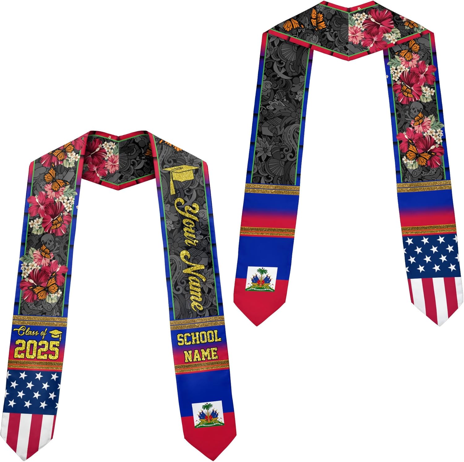Pretyprints Haitians Graduation Sash, Haiti Graduation Stole Custom, Personalized Haitians American Flag Graduation Sash 2025