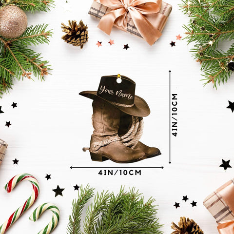 Podagree Personalized Cowboy Boots and Hat Christmas Ornament for Cowboy, Cowboy Cowgirl Horseback Riding Ornament, Horse Racing Ornament (CB7)