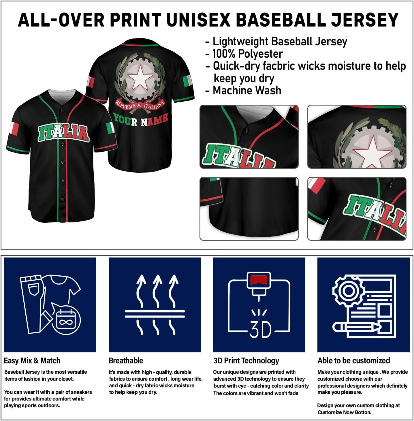 Custom Italia Baseball Jersey Sport Shirt Italian Jersey Italia Pride Flag Jersey Italia Baseball Jersey Style Vintage Shirt