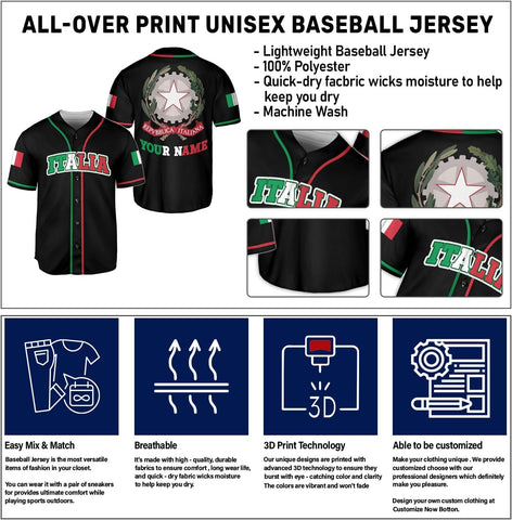 Custom Italia Baseball Jersey Sport Shirt Italian Jersey Italia Pride Flag Jersey Italia Baseball Jersey Style Vintage Shirt
