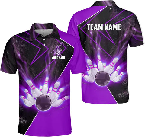 Personalized Name Bowling Polo Shirts 3D for Men & Women, Custom Bowling Shirts for Team, Bowling Team Polo Shirt (PE + 3-5% Spandex, PL98)