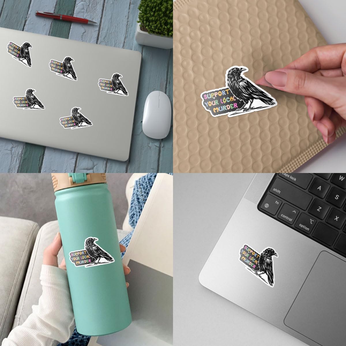 3 Pcs Support Your Local Murder Crow Sticker, Halloween Raven Stickers and Decals, Murder of Crows - Vinyl Sticker 3 Inches for Water Bottles Laptop Phone Car Ski Helmet