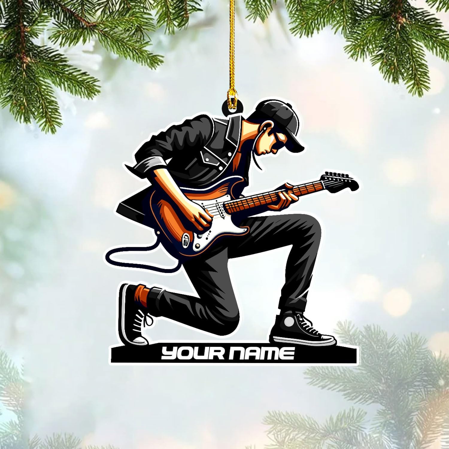 Personalized Acoustic Guitar Ornament - Guitar Christmas Plastic Wooden Ornament, Musical Instrument for Band, Red Electric Guitar Instrument, Custom Name Gift for Guitarist, Songs Music Notes (GT10)