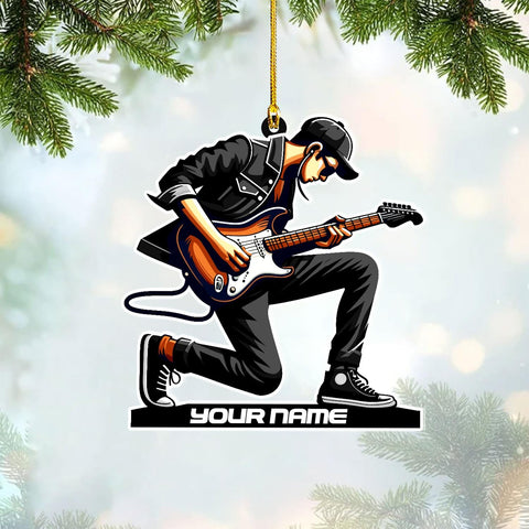 Personalized Acoustic Guitar Ornament - Guitar Christmas Plastic Wooden Ornament, Musical Instrument for Band, Red Electric Guitar Instrument, Custom Name Gift for Guitarist, Songs Music Notes (GT10)