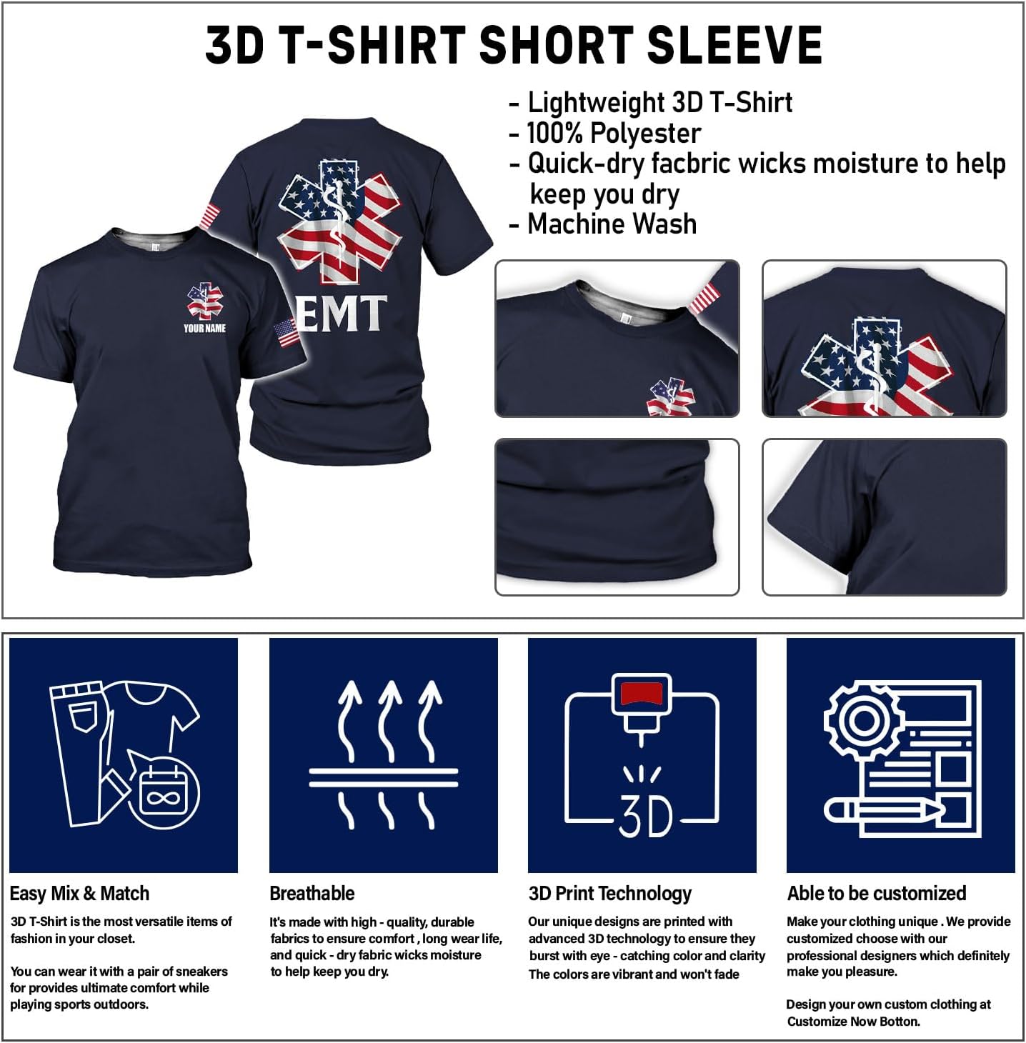 Mostefy Personalized EMT Shirt, EMS Shirt, Customized EMS Shirts,EMT Paramedic Uniform Emergency Medical Technician Shirts