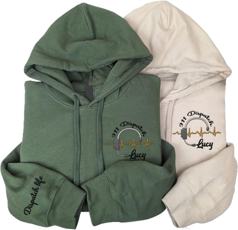 Leeprints Personalized Embroidered Dispatcher 911 Sweatshirt, Pulse Dispatch Embroider Hoodie, Thin Gold Line 911