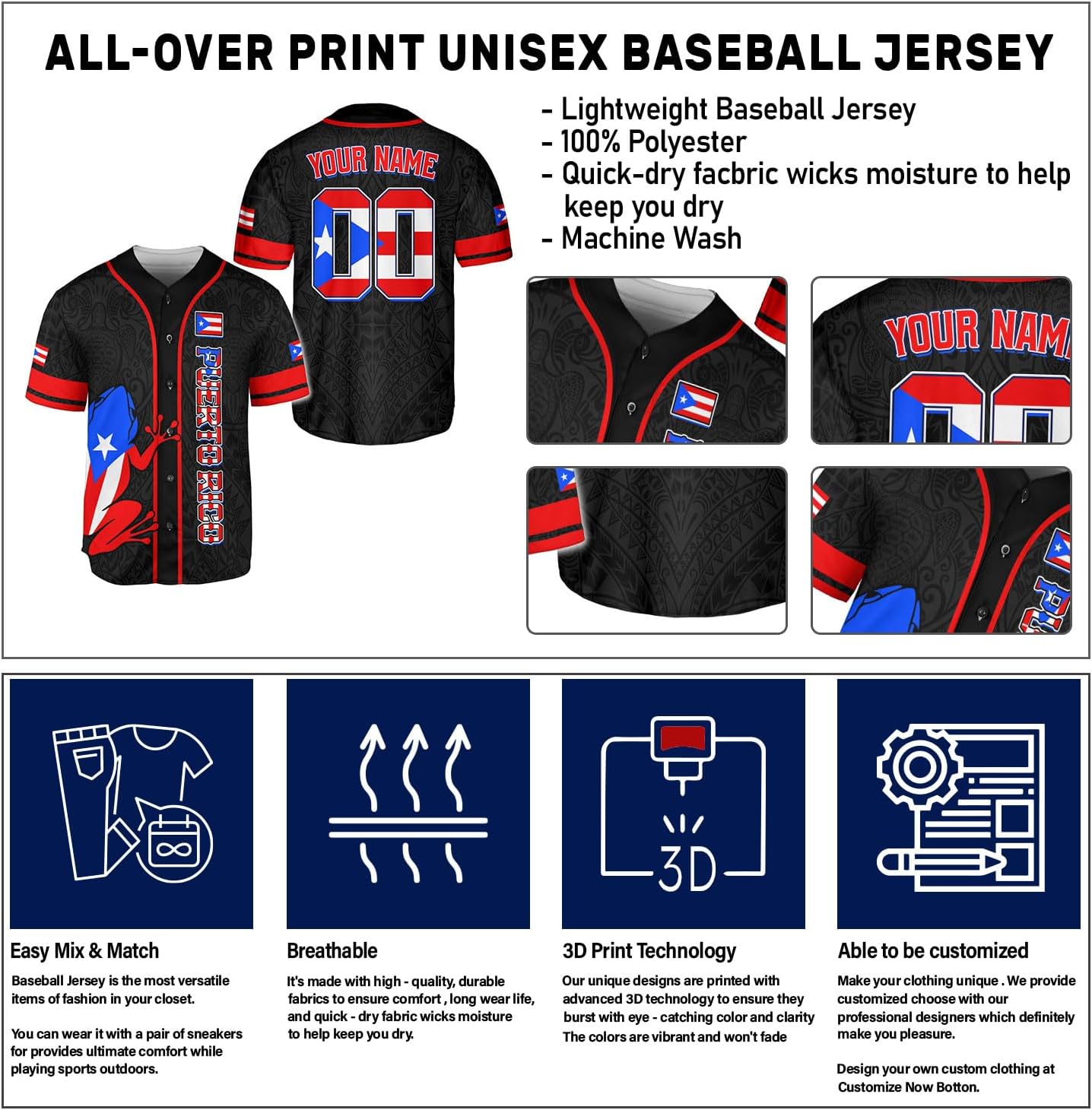Suseaz Personalized Puerto Rico Baseball Shirt Custom Team Name Puerto Rican Baseball Jersey, Puerto Rican Baseball Men