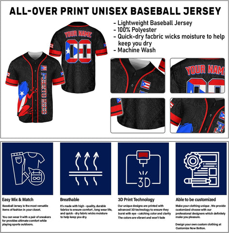 Suseaz Personalized Puerto Rico Baseball Shirt Custom Team Name Puerto Rican Baseball Jersey, Puerto Rican Baseball Men