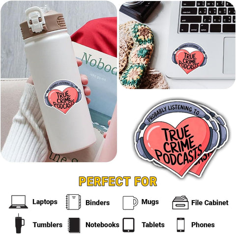 3pcs Probably Listening to True Crime Podcasts 3" Sticker – Funny Quote Vinyl Decal Waterproof for Laptop, Water Bottle, Tumbler, Car – Gift for True Crime Fans, Podcast Lovers