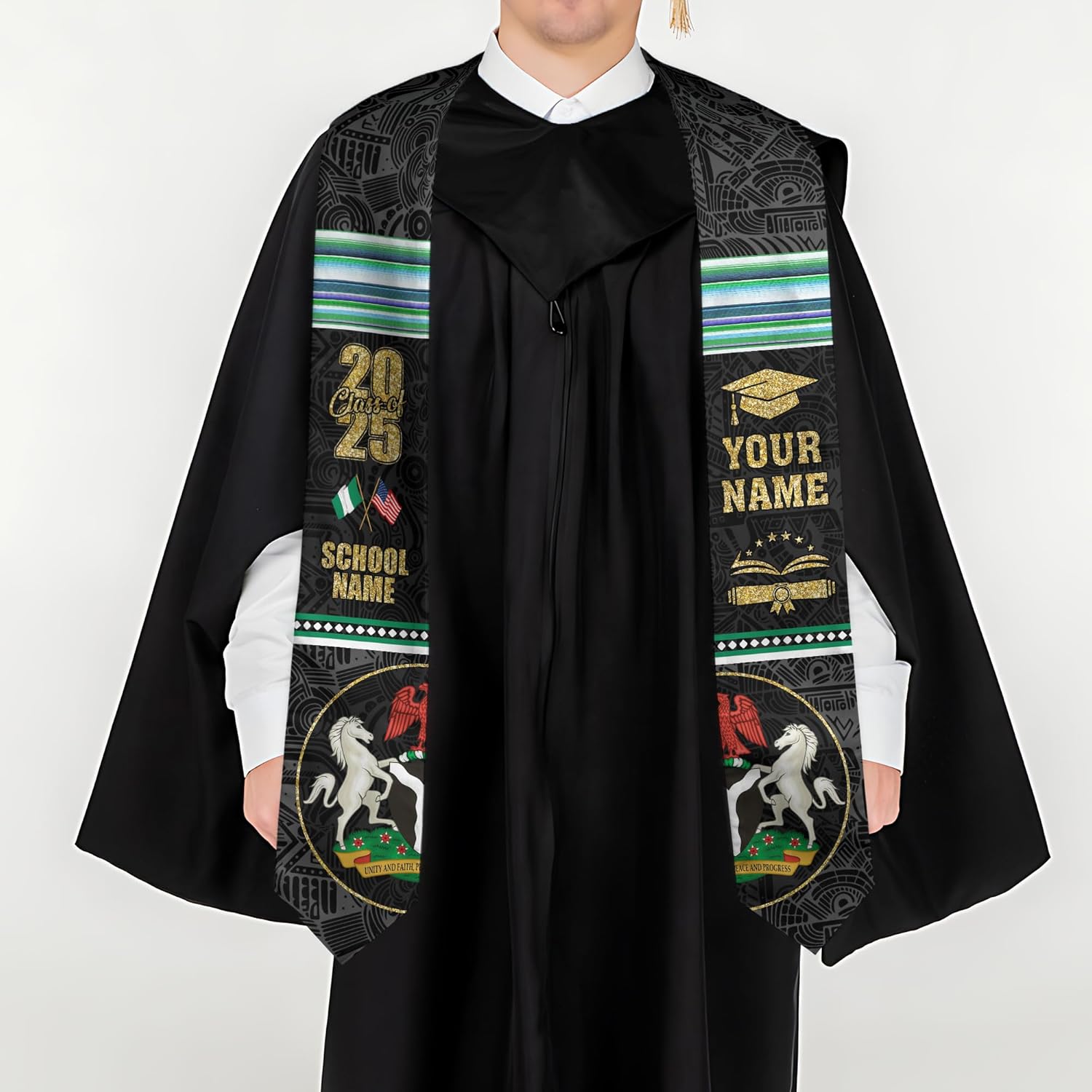 Pretyprints Custom Nigerian Graduation Sash, Nigeria Graduation Stole Customize, Nigerian American Flag Graduation Sash 2025