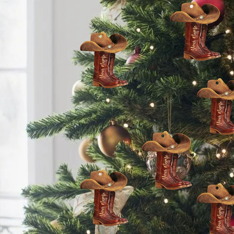 Podagree Personalized Cowboy Boots and Hat Christmas Ornament for Cowboy, Cowboy Cowgirl Horseback Riding Ornament, Horse Racing Ornament (CB6)