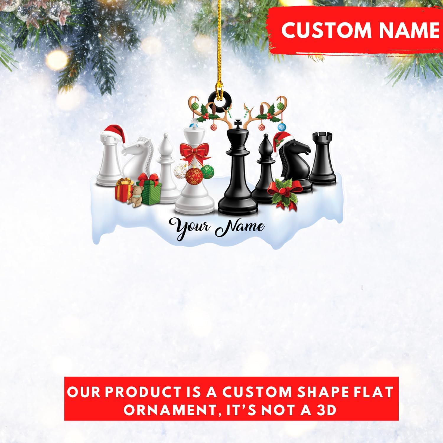 Personalized Chess Ornament - Custom Name Chess Board Ornament, King and Queen Chess Ornament, for Chess Fan, Ornament for Chess Player, Check Mate, Chess Board Ornament (Style 9)