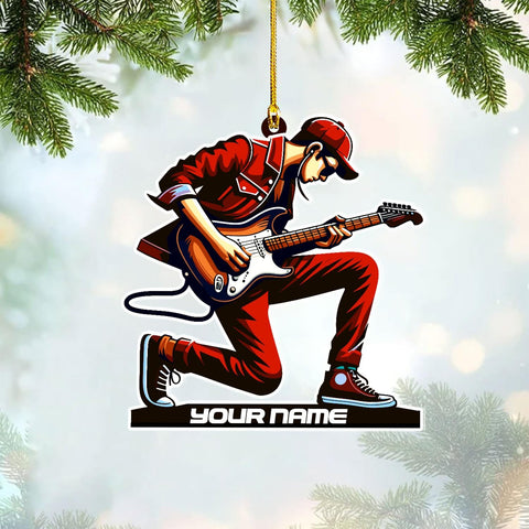 Personalized Acoustic Guitar Ornament - Guitar Christmas Plastic Wooden Ornament, Musical Instrument for Band, Red Electric Guitar Instrument, Custom Name Gift for Guitarist, Songs Music Notes (GT10)