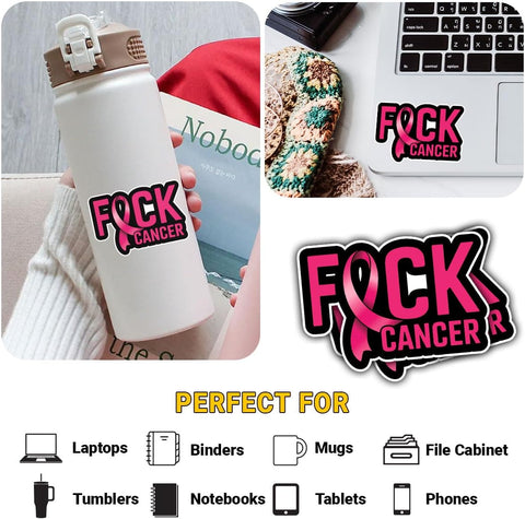 Pink Ribbon Fck Cancer 3" Sticker Gifts, Pink Ribbon Stickers, Breast Cancer Awareness Stickers Quote Vinyl Decal Waterproof for Laptop, Water Bottle, Gift for Fighters and Survivors