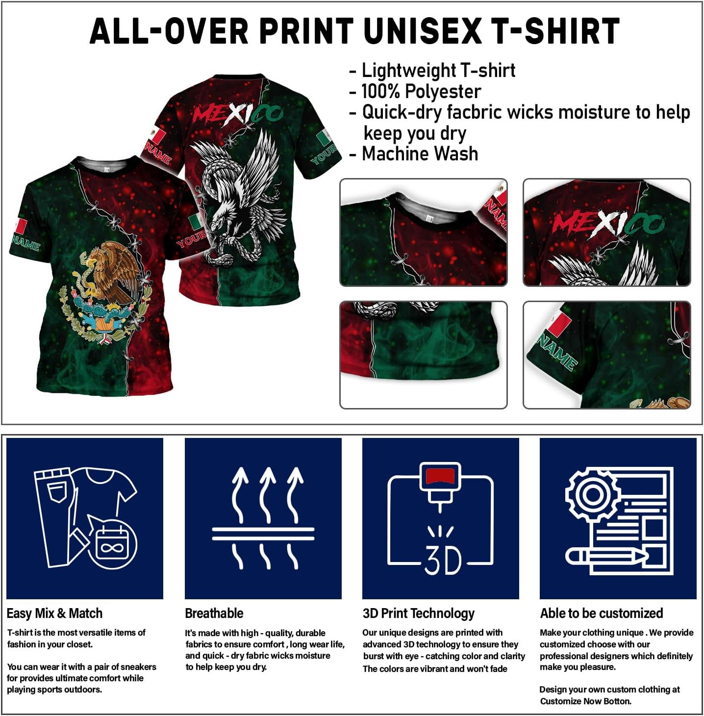 Mostefy Personalized Name Mexican Shirts 3D Customized Mexico Shirt US Flag, Mexican Shirts for Women Unisex