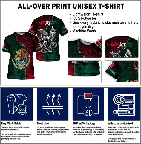 Mostprints Personalized Name Mexican Shirts for Men 3D Customized Mexico Shirts for Men Mexico Shirts for Women Mexico Shirt