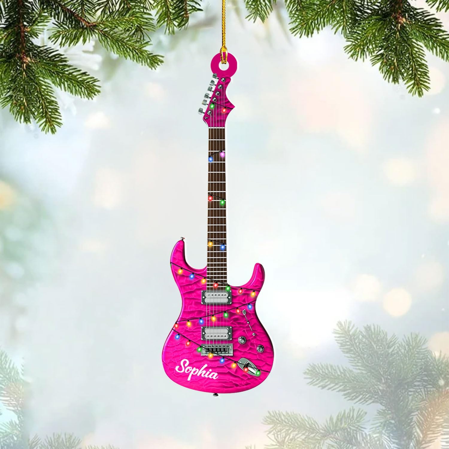 Personalized Acoustic Guitar Ornament - Guitar Christmas Plastic Wooden Ornament, Musical Instrument for Band, Red Electric Guitar Instrument, Custom Name Gift for Guitarist, Songs Music Notes (GT5)