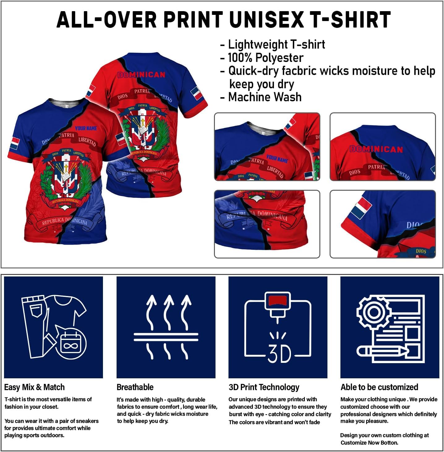 Ligthuy Personalized Dominican Shirt 3D, Dominican Republic Shirts, Dominican Flag Unisex Republica Dominicana Shirt S-5XL