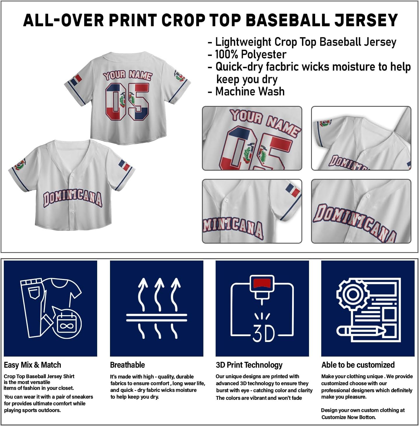 AOVL Custom Dominica Republic Crop Top Baseball Jersey Dominicana Republic Shirt for Team Dominican Flag Jersey for Men Women
