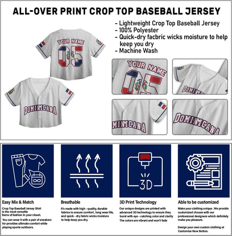 AOVL Custom Dominica Republic Crop Top Baseball Jersey Dominicana Republic Shirt for Team Dominican Flag Jersey for Men Women