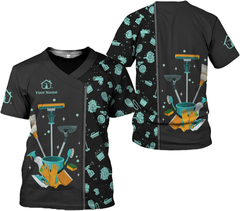 Personalized Housekeeping Shirts, Custom Cleaning Uniforms for Women 3D Cleaning Service Gifts Housekeeper Shirt Clean Lady