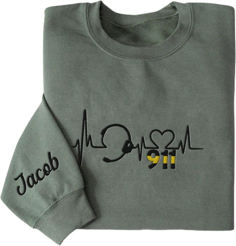 Leeprints Personalized Embroidered Dispatcher 911 Sweatshirt, Pulse Dispatch Embroider Hoodie, Thin Gold Line 911