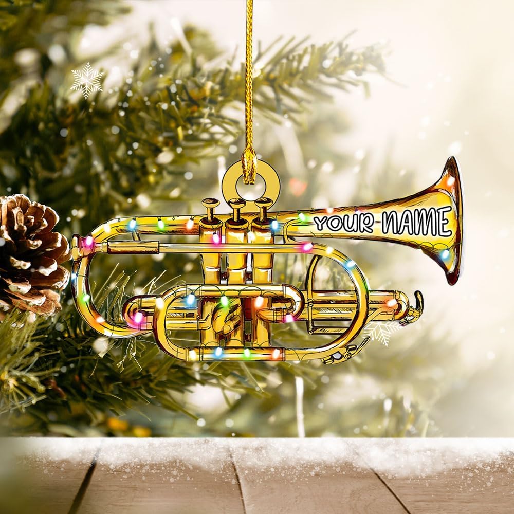 MoonArt Trumpet with Christmas Hat Personalized Trumpet Ornament for Christmas Tree Trumpet Christmas Ornaments for Trumper Player Acrylic Flat 2D Music Instruments Ornaments Music Band (TRP10)