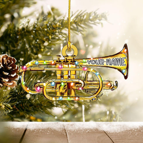 MoonArt Trumpet with Christmas Hat Personalized Trumpet Ornament for Christmas Tree Trumpet Christmas Ornaments for Trumper Player Acrylic Flat 2D Music Instruments Ornaments Music Band (TRP10)