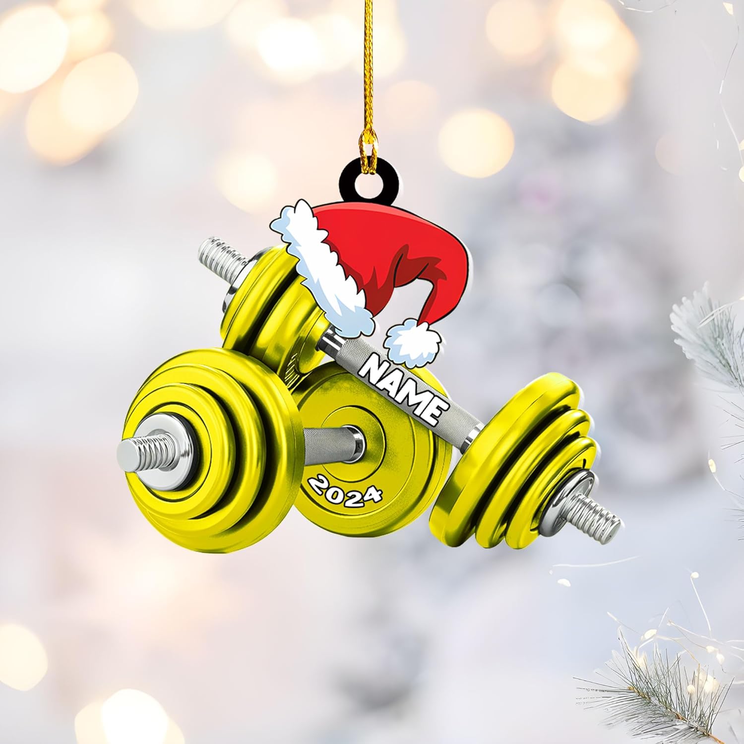Personalized Dumbbell Ornament, Exercise Equipment Gym Christmas Ornament, Merry Fitness Gym Workout Trainer Coach Instructor, Barbell Weight Plates Weightlifter Gym Chair & Barbell (DBT1)