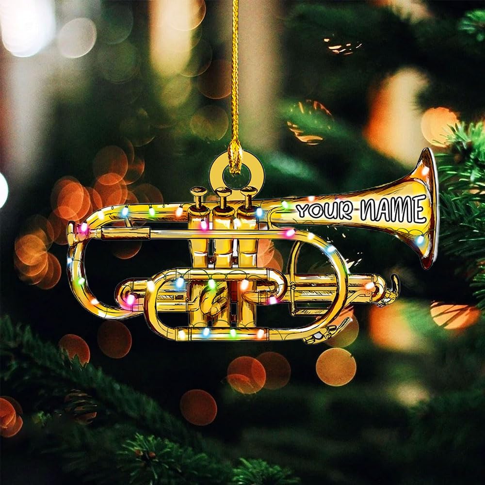 MoonArt Trumpet with Christmas Hat Personalized Trumpet Ornament for Christmas Tree Trumpet Christmas Ornaments for Trumper Player Acrylic Flat 2D Music Instruments Ornaments Music Band (TRP10)