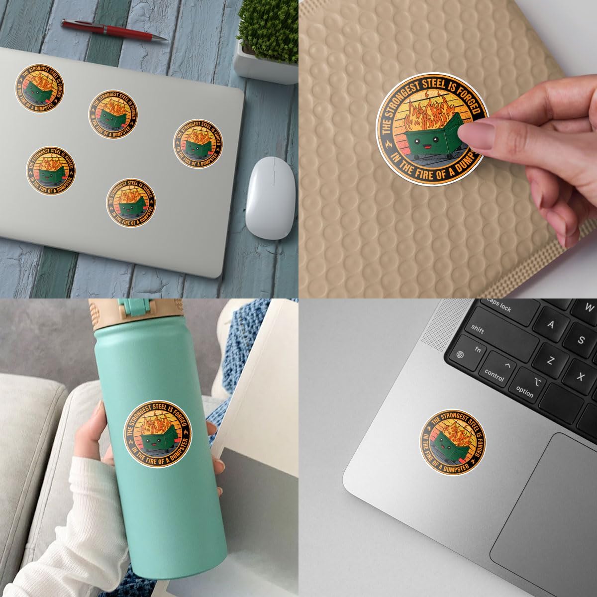 3 Pcs The Strongest Steel is Forged in The Fire of a Dumpster Stickers, Motivational The Strongest Steel Dumpster Fire Patch Stickers for Helmet Water Bottle Tumbler Phone Case 3"x3"