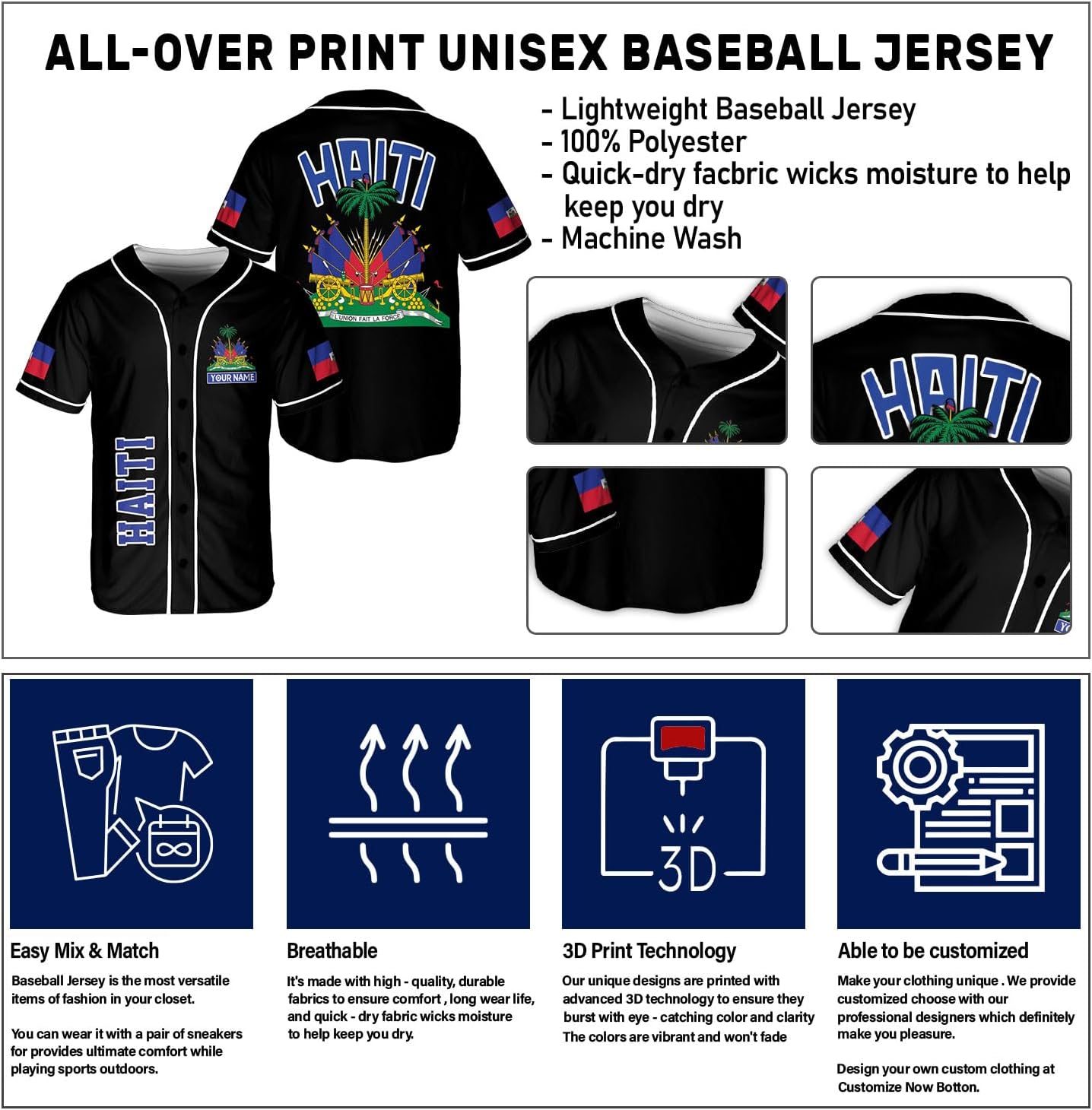 Ligthuy Personalized Name Haiti Baseball Jersey, Customized Haitian Baseball Jerseys for Men Women Haitian Flag Shirt 3D