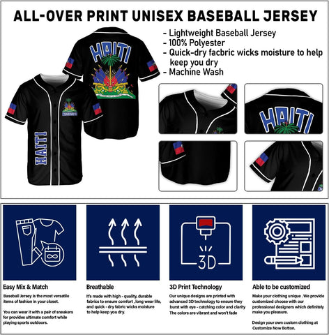 Ligthuy Personalized Name Haiti Baseball Jersey, Customized Haitian Baseball Jerseys for Men Women Haitian Flag Shirt 3D