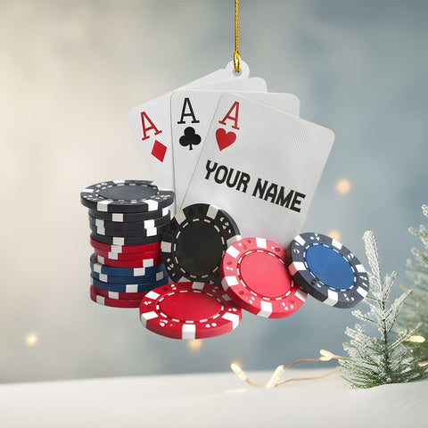 MAPrints Personalized Poker Christmas Ornament 2024, Poker Player Ornament, Sport Keepsake Present, Playing Cards Deck Wood Game Ornaments, Poker Aces Cards Chips Gambling Ornament (PK 7)